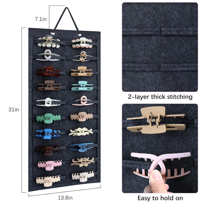 SMUK Claw Clip Organizer for Women, Hanging Mount Hair Clips Holder Organizer for Girls, Hair Bow Claw Clip Stand Storage for Wall, Door, Closet, Horizontal Dark Gray - Image 2